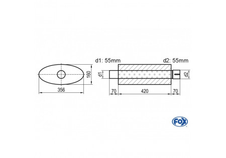 silenziatore universale ovale con bocchettone - cieco 818 d1Ø 55mm d2 Ø 55,5mm lunghezza: 420mm (C UNI-81842055s
