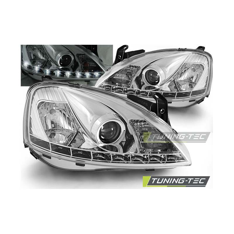 Fari Anteriori con Luci Diurne Luci Diurne Cromato per Opel Corsa C 11/2000-09/2006 (Cod. TT-LPOP43) Fari Anteriori con Luci Diurne Luci Diurne Cromato per Opel Corsa C 11/2000-09/2006 (Cod. TT-LPOP43)