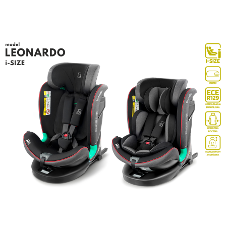 SEGGIOLINO AUTO GIREVOLE LEONARDO 360° NERO-GRIGIO 40-150 CM E-SIZE R129 + ISOFIX (Cod. AP-B4E9-395
