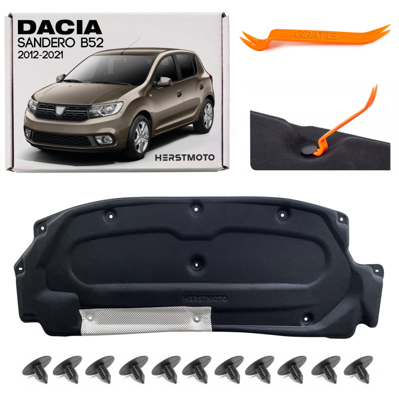 DACIA SANDERO II B52 2012–2021 PANNELLO FONOASSORBENTE COFANO CON KIT CLIP 658407821R (Cod. AP-876